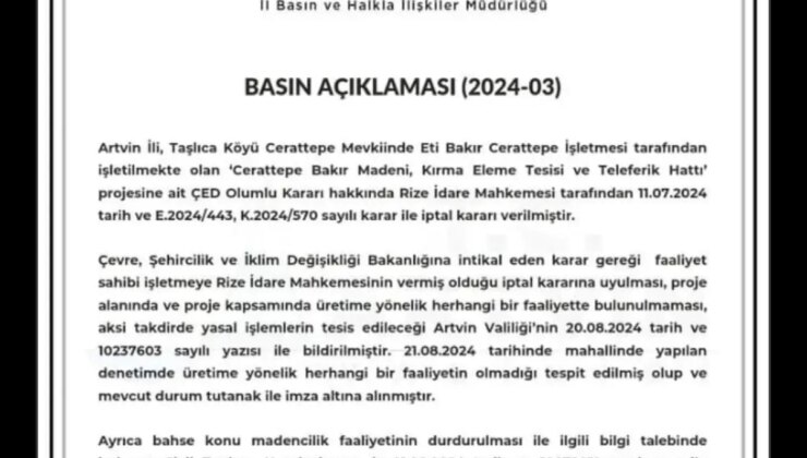 Cerattepe Bakır Madeni ÇED Olumlu Kararı İptal Edildi