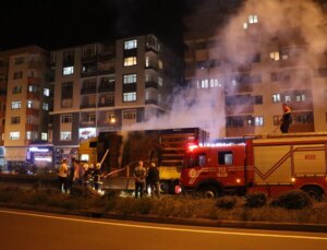 Rize’de karton yüklü TIR’ın dorsesi yandı