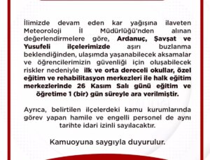 Artvin’de Kar Yağışı Nedeniyle Eğitime Orta Verildi